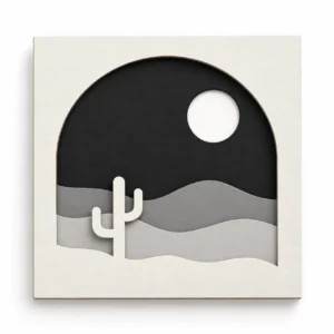 Illustrative monochrome mockup of the Dune and Sol layered desert SVG, showing an arched opening, dunes, saguaro silhouette and circular sun.