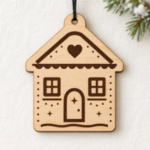 Wooden mockup of the Frosted Hearth gingerbread house ornament SVG, with a heart attic window, arched door and frosting details.