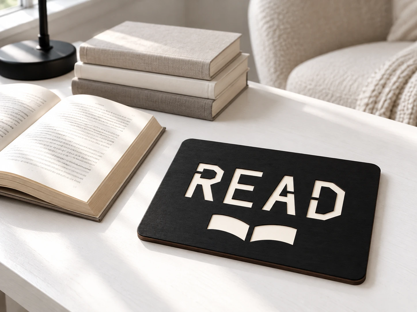 Quiet Chapter READ sign resting on a white reading desk beside an open book in a monochrome interior.