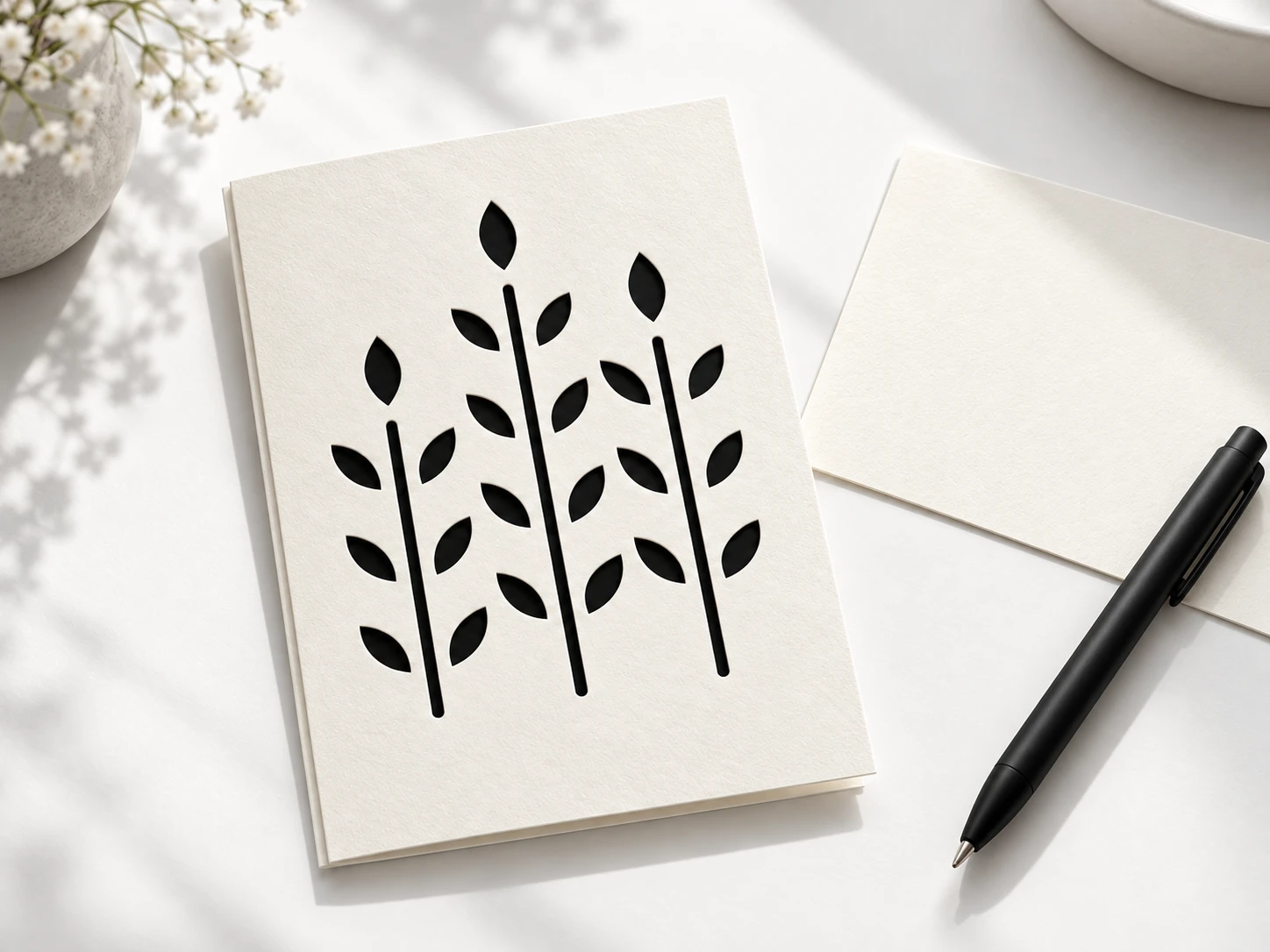 Stem and Still ivory papercut greeting card with leaf cutouts and a black contrast insert on a white writing desk beside a blank note and pen.