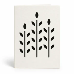 Illustrative monochrome mockup of the Stem and Still botanical papercut card SVG, showing three leafy sprays with a dark contrast insert.