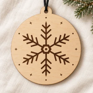 Illustrative wooden mockup of the Winterlace snowflake ornament SVG, showing a six-arm snowflake, small stars and a hanging tab.